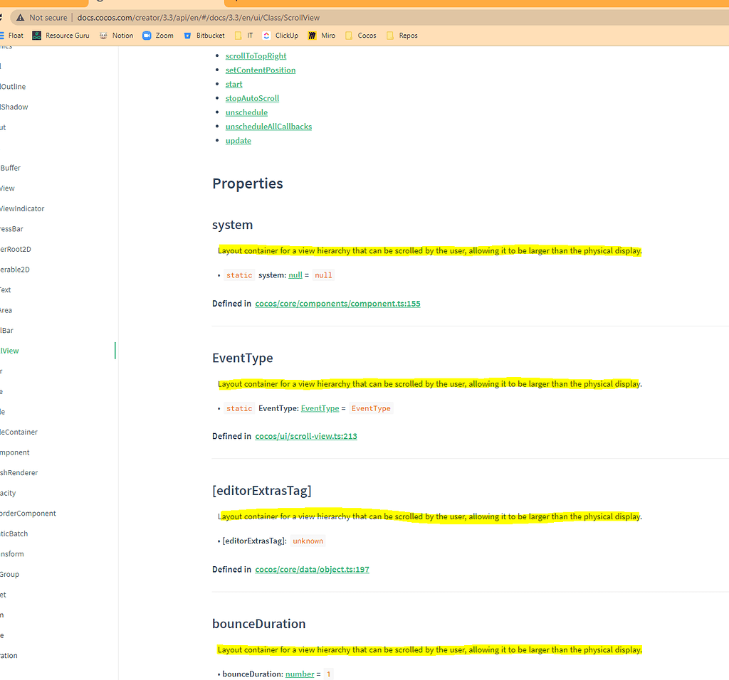 Cocos 3.3 API documentation - Properties all have the Class description ...