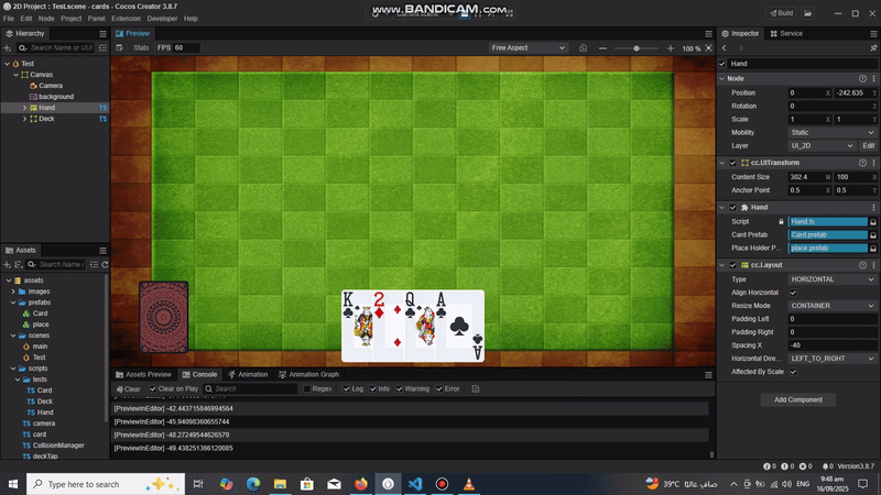 Playing cards reordering in hand – Cocos Creator