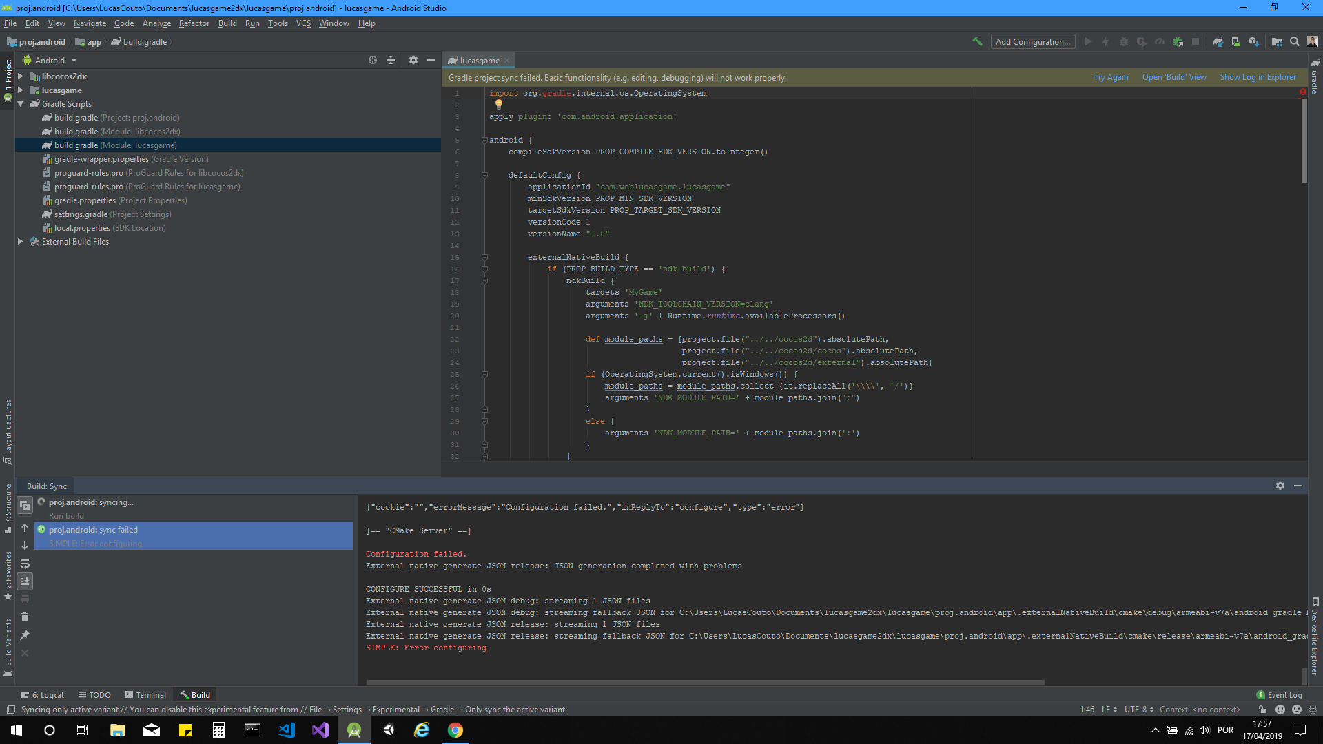 Cannot resolve destination. Cocos c++. Android gradle build file SDK Version 29